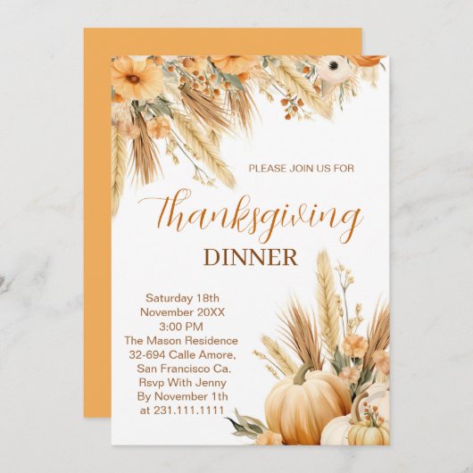 Boho Sinaasappel Pompoen Thanksgiving Diner Kaart (Voorkant / Achterkant)