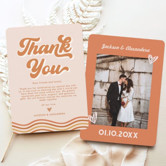 Boho Sinaasappel Retro 70s bruiloft bedankje Kaart