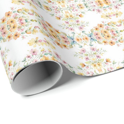 Boho Sinaasappel Roze Waterverf Wildbloemen Cadeaupapier (Rol Hoek)