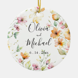 Boho Sinaasappel Roze Waterverf Wildbloemen Keramisch Ornament