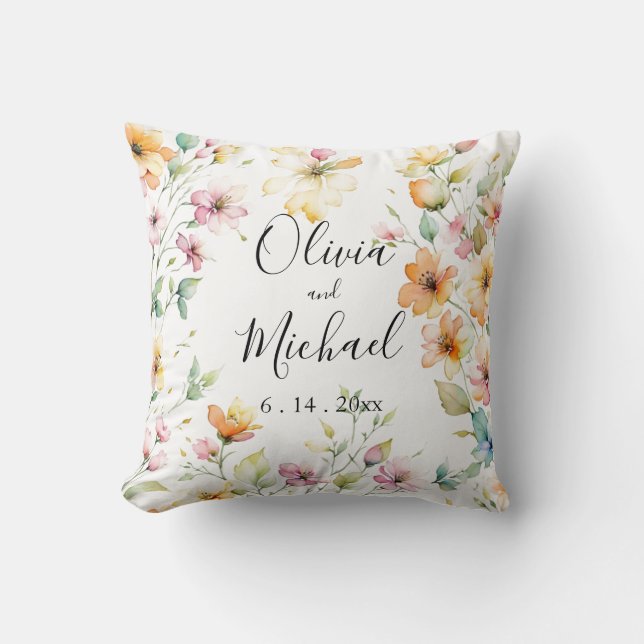  Boho Sinaasappel Roze Waterverf Wildbloemen Kussen (Voorkant)