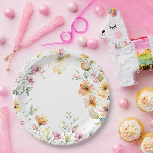  Boho Sinaasappel Roze Waterverf Wildbloemen Papieren Bordje (Feest)