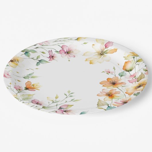  Boho Sinaasappel Roze Waterverf Wildbloemen Papieren Bordje (Gekanteld)