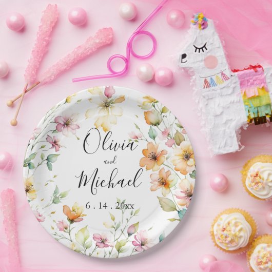  Boho Sinaasappel Roze Waterverf Wildbloemen Papieren Bordje (Feest)