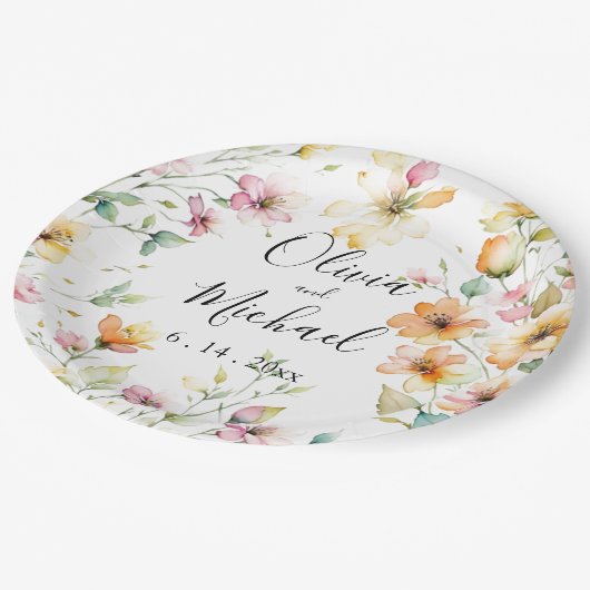  Boho Sinaasappel Roze Waterverf Wildbloemen Papieren Bordje (Gekanteld)