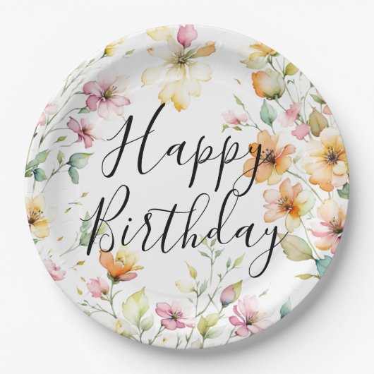  Boho Sinaasappel Roze Waterverf Wildbloemen Papieren Bordje (Voorkant)