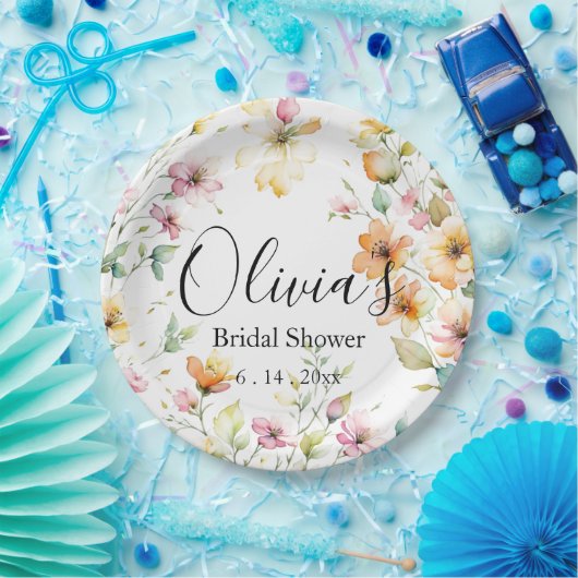  Boho Sinaasappel Roze Waterverf Wildbloemen Papieren Bordje (Feest)