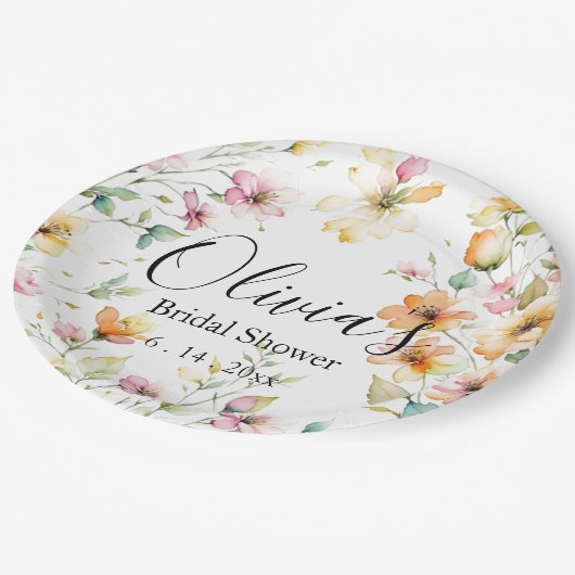  Boho Sinaasappel Roze Waterverf Wildbloemen Papieren Bordje (Gekanteld)