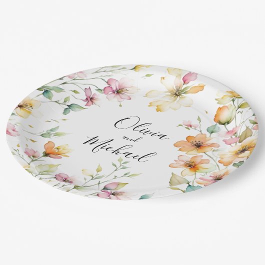  Boho Sinaasappel Roze Waterverf Wildbloemen Papieren Bordje (Gekanteld)