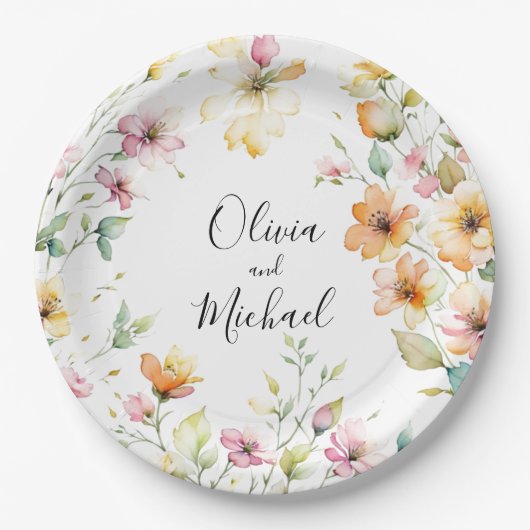  Boho Sinaasappel Roze Waterverf Wildbloemen Papieren Bordje (Voorkant)