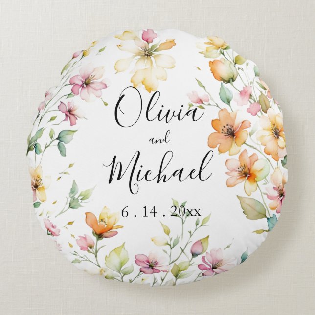  Boho Sinaasappel Roze Waterverf Wildbloemen Rond Kussen (Voorkant)