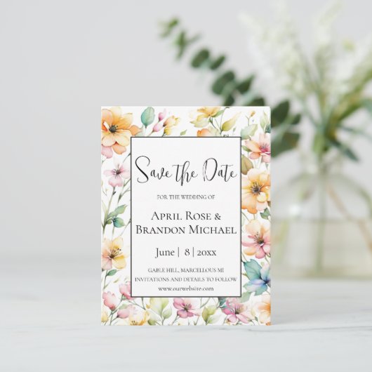  Boho Sinaasappel Roze Waterverf Wildbloemen Save The Date (Staand voorkant)