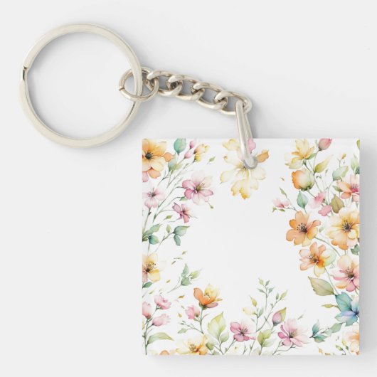 Boho Sinaasappel Roze Waterverf Wildbloemen Sleutelhanger (voorkant)