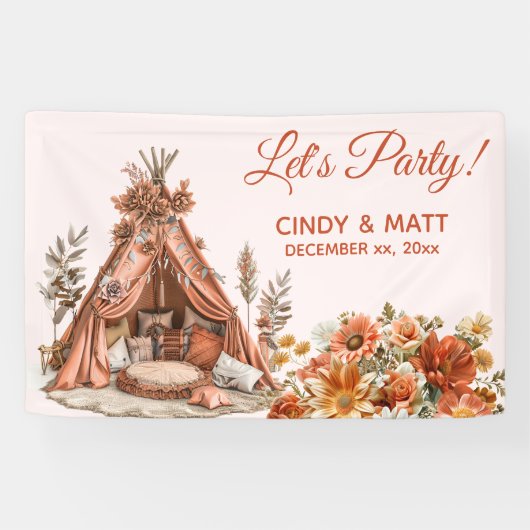 Boho Sinaasappel Tent Wildflowers Wedding Spandoek (Horizontaal)