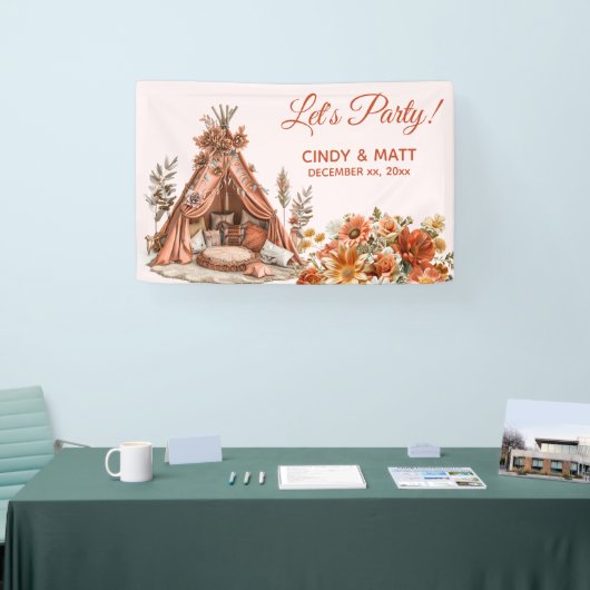 Boho Sinaasappel Tent Wildflowers Wedding Spandoek (Beurs)