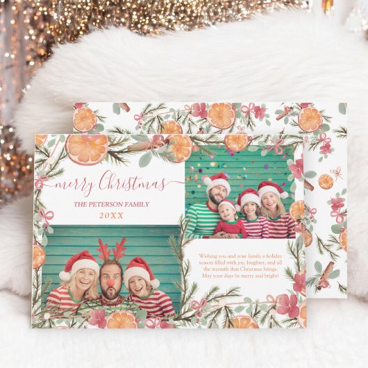 Boho Sinaasappels dennentak 2 foto's Vrolijk kerst Feestdagenkaart
