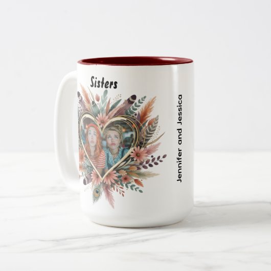 Boho Sister Mug with Floral Heart & Names Mok (Voorkant links)