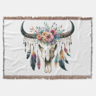 Boho Skull Indiaanse Indiaanse kleurrijke veer Deken