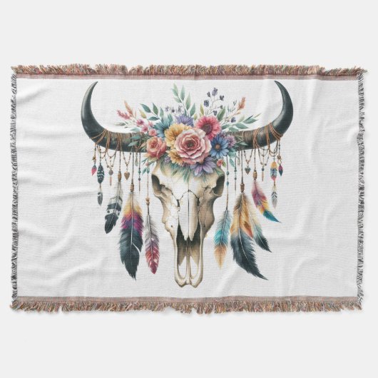 Boho Skull Indiaanse Indiaanse kleurrijke veer Deken (Voorkant)