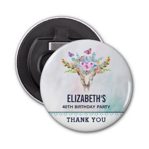 Boho Skull met Butterflies en Flowers Birthday Button Flesopener