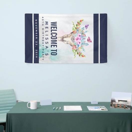 Boho Skull met Butterflies en Flowers Birthday Spandoek (Beurs)