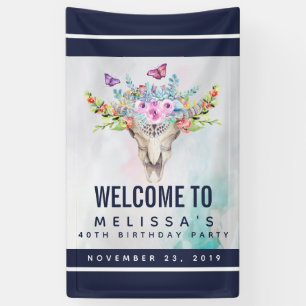 Boho Skull met Butterflies en Flowers Birthday Spandoek