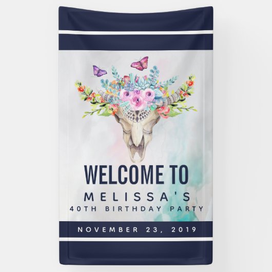 Boho Skull met Butterflies en Flowers Birthday Spandoek (Verticaal)