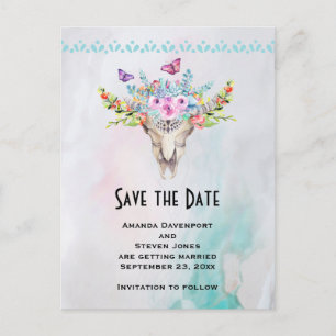 Boho Skull met een Floral Bouquet Save the Date Briefkaart