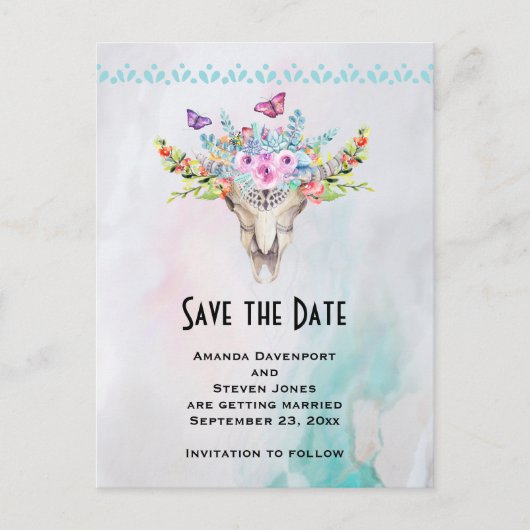 Boho Skull met een Floral Bouquet Save the Date Briefkaart (Voorkant)