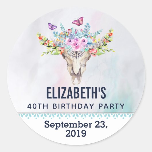 Boho Skull met een Floral Bouquet Save the Date Ronde Sticker (Voorkant)