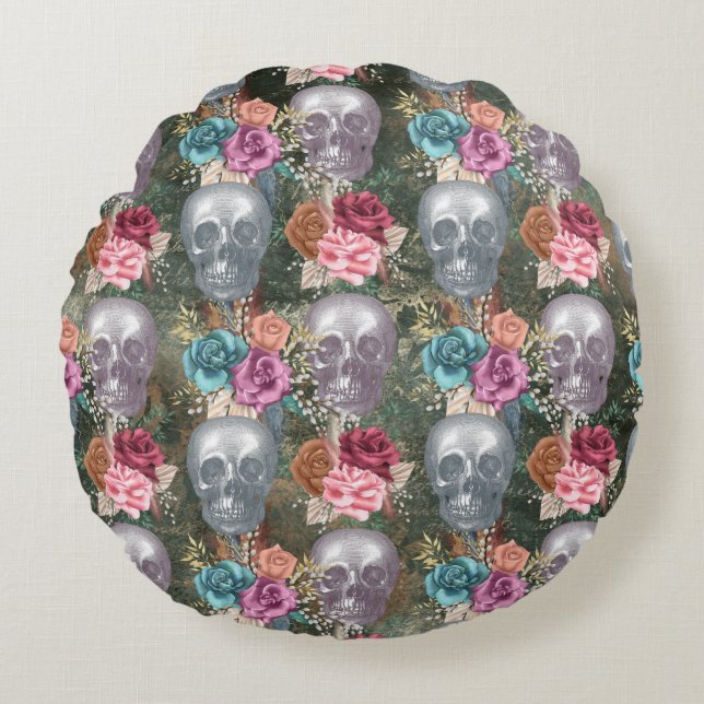 Boho Skull met Flowers Rond Kussen (Voorkant)