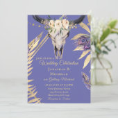Boho Skull Periwinkle en Gold in één bruiloft Kaart (Staand voorkant)
