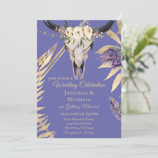 Boho Skull Periwinkle en Gold in één bruiloft Kaart (Staand voorkant)