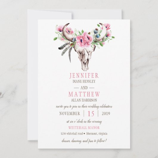 Boho Skull Pink Poppies Weddenschap Kaart (Voorkant)
