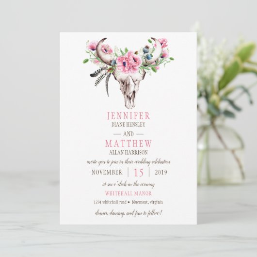 Boho Skull Pink Poppies Weddenschap Kaart (Staand voorkant)