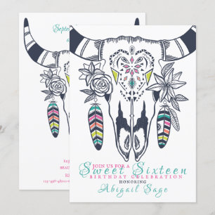 Boho Skull Turquoise in roze Sweet Sixteen Birthda Kaart
