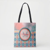 Boho Sky Blauwgroen, Sinaasappel en roze Tote Bag (Voorkant)