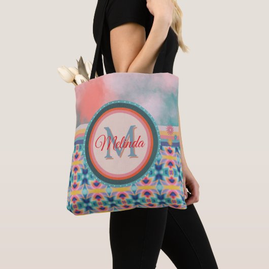 Boho Sky Blauwgroen, Sinaasappel en roze Tote Bag (Dichtbij)