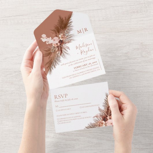 Boho Slant Floral Pampas Grass Terracotta Wedding All In One Uitnodiging (Afscheurbaar)