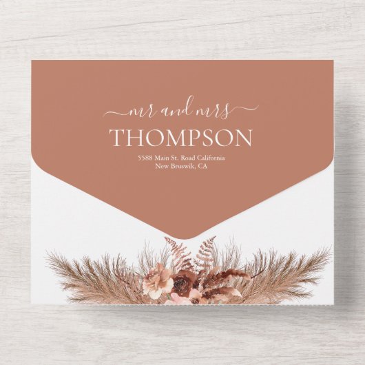Boho Slant Floral Pampas Grass Terracotta Wedding All In One Uitnodiging (Achterkant)