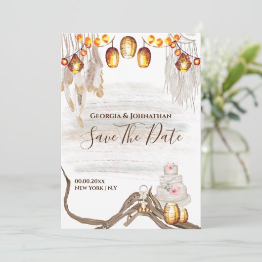Boho snoer lichten macrame veren cake chic save the date (Staand voorkant)