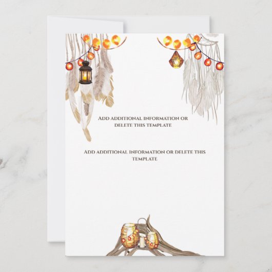 Boho snoer lichten macrame veren cake chic save the date (Achterkant)