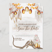 Boho snoer lichten macrame veren cake chic save the date (Voorkant / Achterkant)