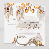 Boho snoerlampen macrame veren cake chic save the date (Voorkant / Achterkant)