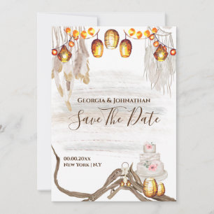 Boho snoerlampen macrame veren cake chic save the date