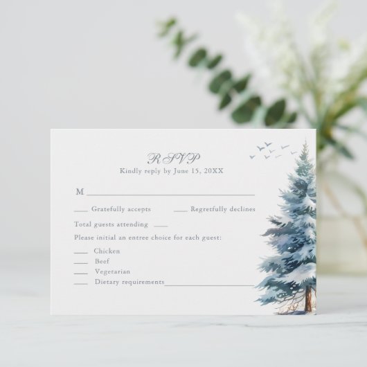 Boho Snowy Mountain & Pine Trees Wedding RSVP Card (Staand voorkant)
