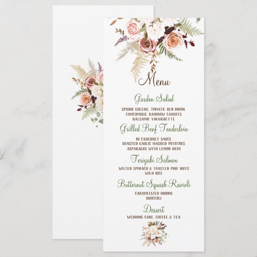Boho Soft Colored Roos/White Flowers Wedding Menu Kaart (Voorkant / Achterkant)