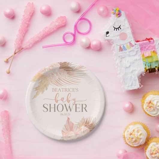 Boho Soft Pink Floral Flower Baby shower Papieren Bordje (Feest)