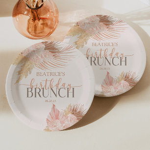 Boho Soft Pink Floral Flower Birthday Brunch Party Papieren Bordje