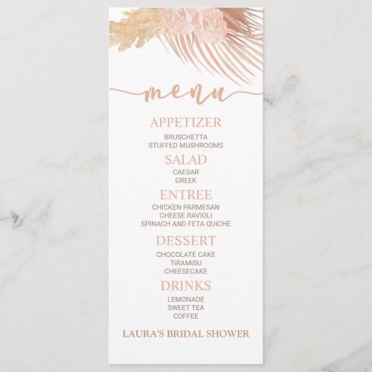Boho Soft Pink Floral Flower Vrijgezellenfeest Foo Menu (Voorkant)